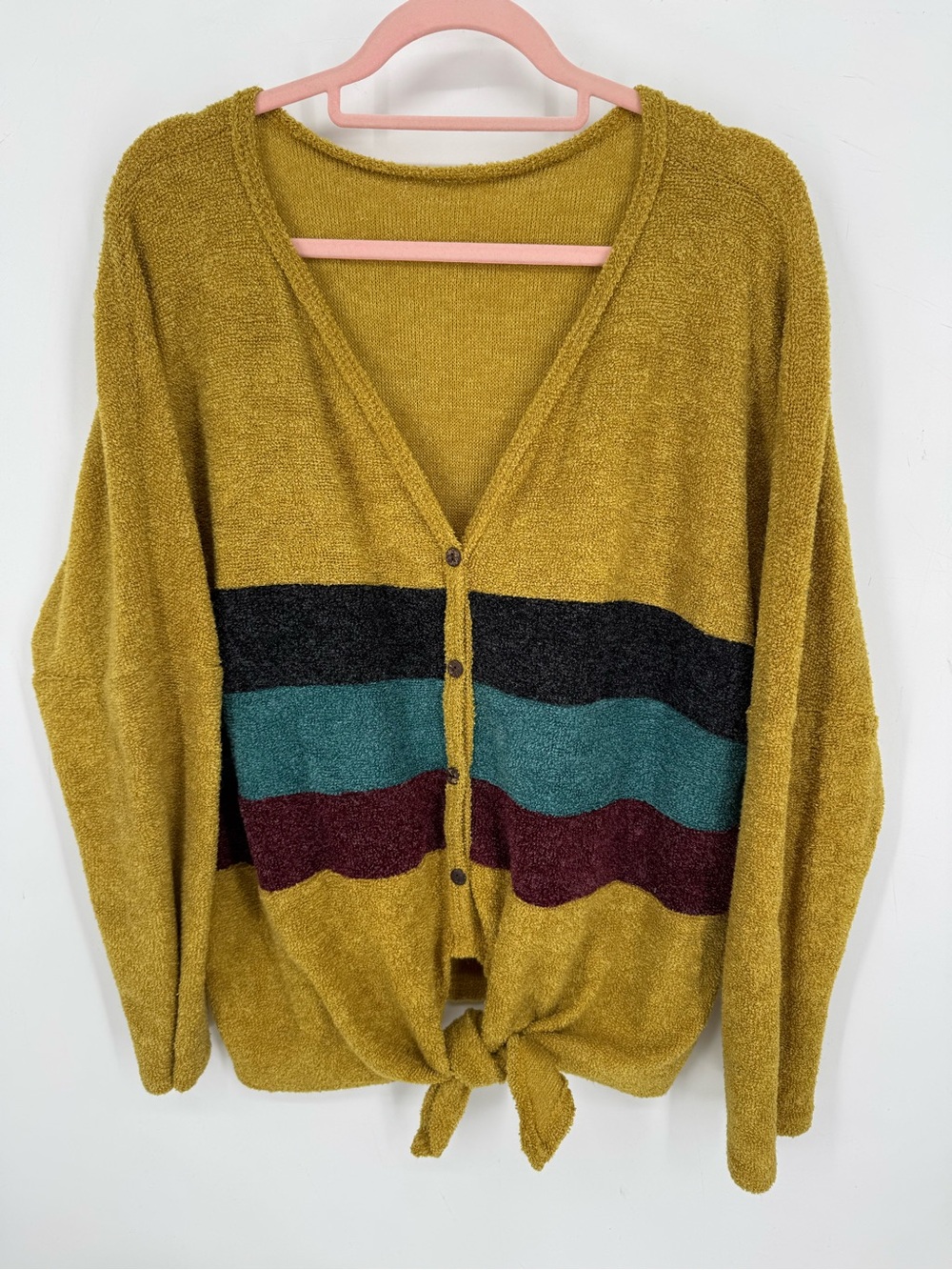 Women's Boutique Tie Front Colorblock Striped Knit Fall Cardigan Size Large